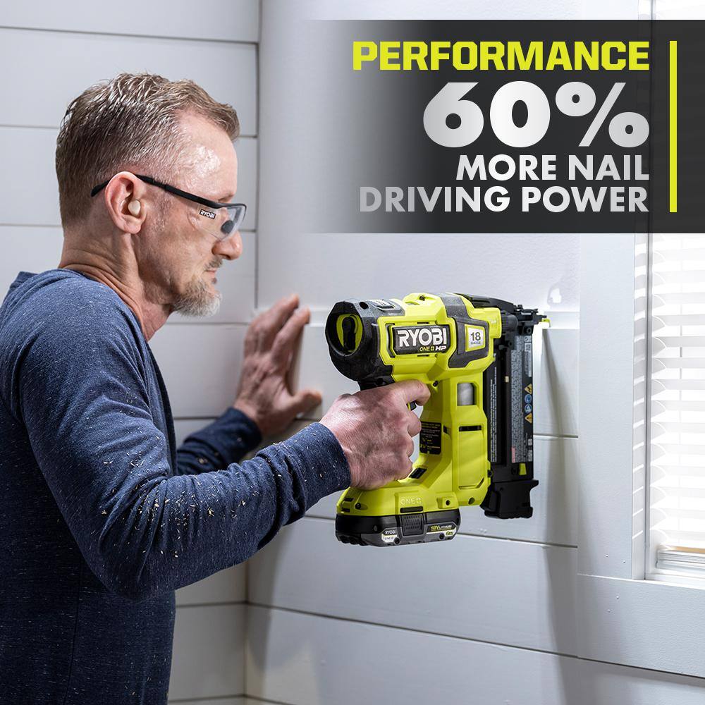 RYOBI ONE+ HP 18V 18-Gauge Brushless Cordless AirStrike Brad Nailer and ONE+ 18V HIGH PERFORMANCE Battery (2-Pack) P322-PBP2004