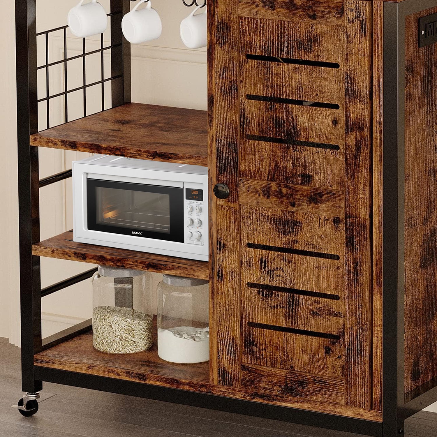 Bakers Rack Microwave Stand Coffee Station Kitchen Storage with Power Outlets, Wheels & Feet, Cabinets, and 10 S-Hooks