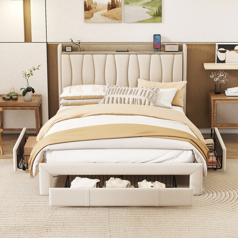 Queen Size Beige Upholstered Platform Bed with Storage Headboard Charging Station and 3 Drawers