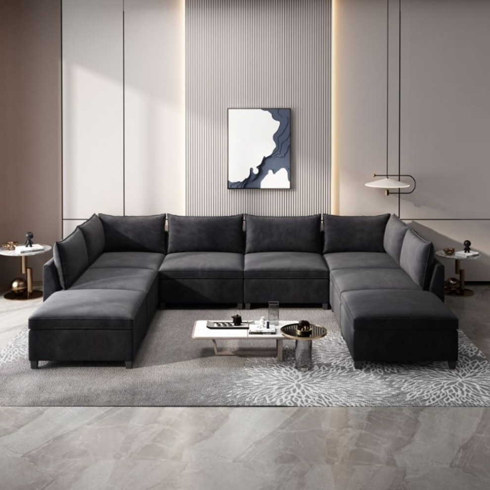 Devion Furniture Modern U  Shaped Fabric Sectional Sofa in Dark Gray   Sectional Sofas   by Homesquare  Houzz