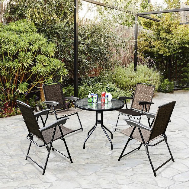 Costway 5pc Bistro Outdoor Patio Furniture Set Glass Table W 4 Folding Adjustable Chairs