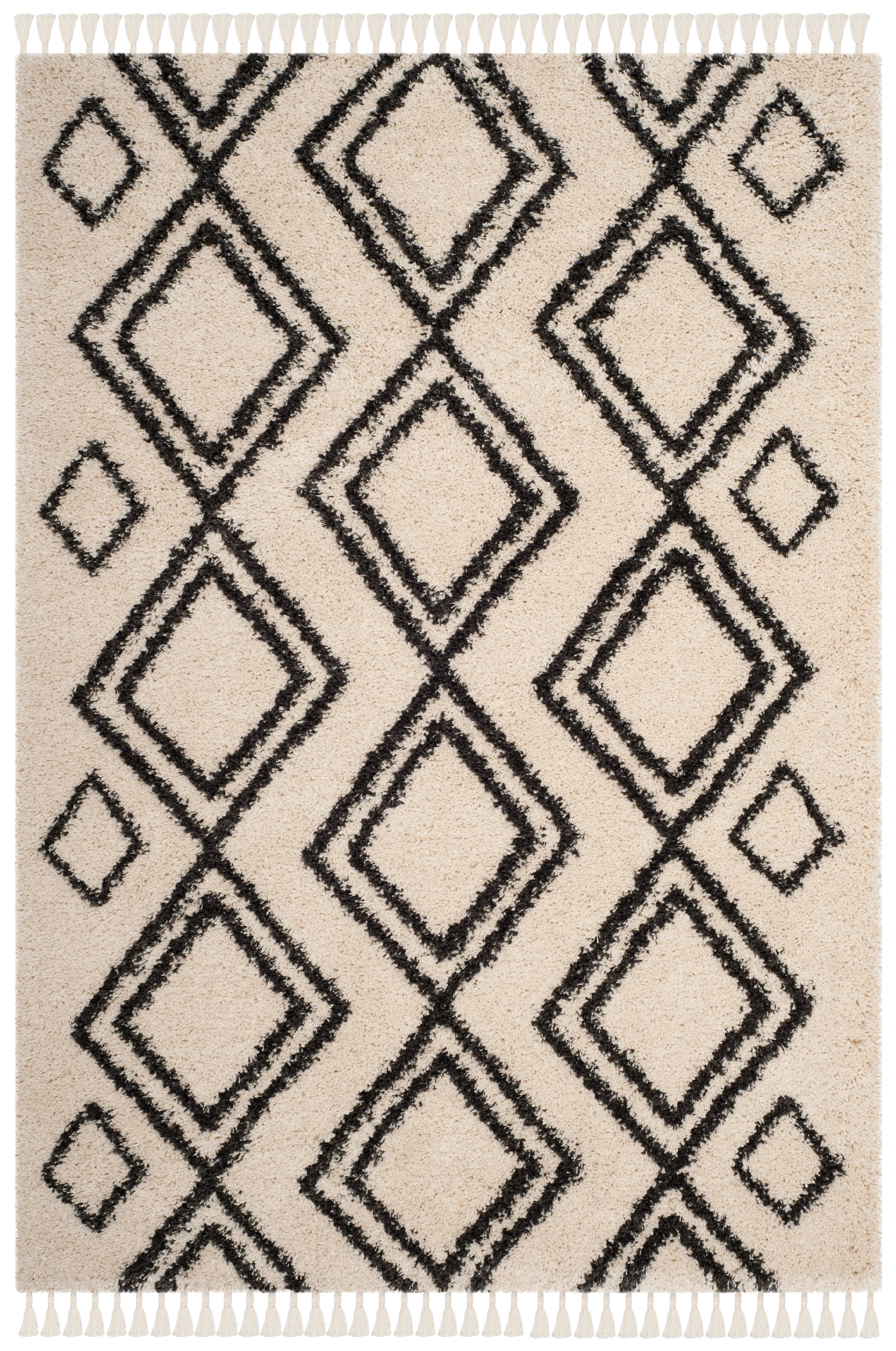 SAFAVIEH Moroccan Fringe Kaelea Geometric Shag Area Rug, Cream/Charcoal, 5'1