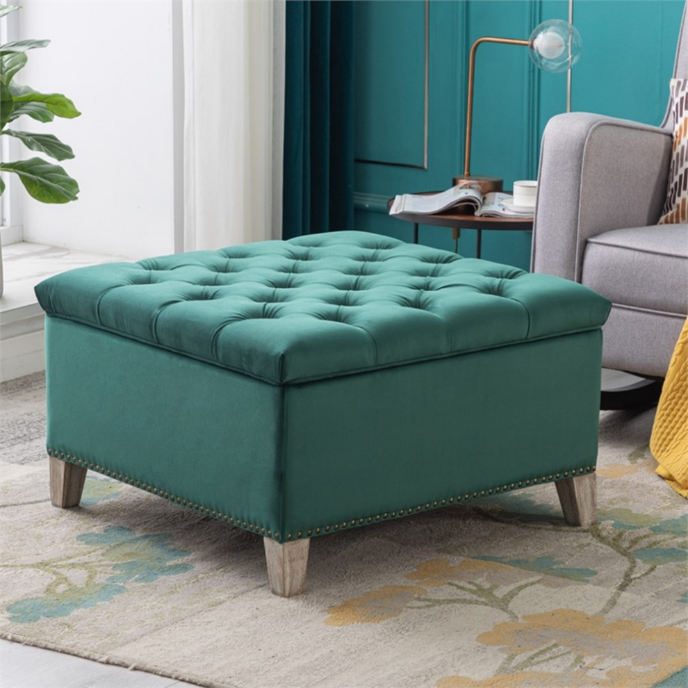 Square 29.5 quotVelvet Tufted Storage Ottoman   Farmhouse   Footstools And Ottomans   by Homesquare  Houzz