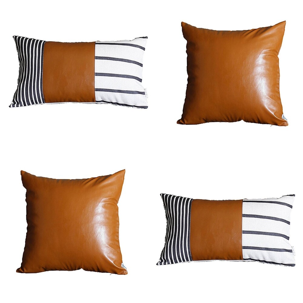 Bohemian Mixed Set of 4 Vegan Faux Leather Brown Geometric Throw Pillow Cover