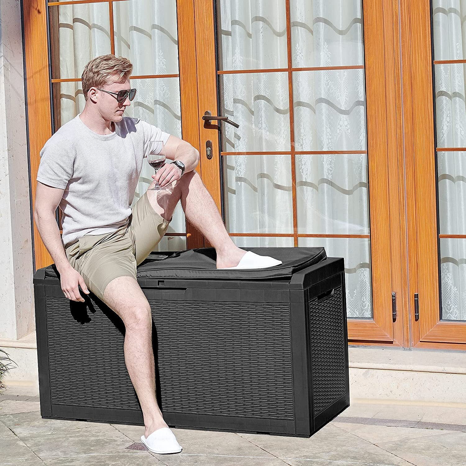 DWVO Deck Box: 100 Gallon Patio Large Storage Cabinet Large Resin Patio Storage for Outdoor Pillows, Garden Tools and Pool Supplies, Waterproof, Lockable | Black