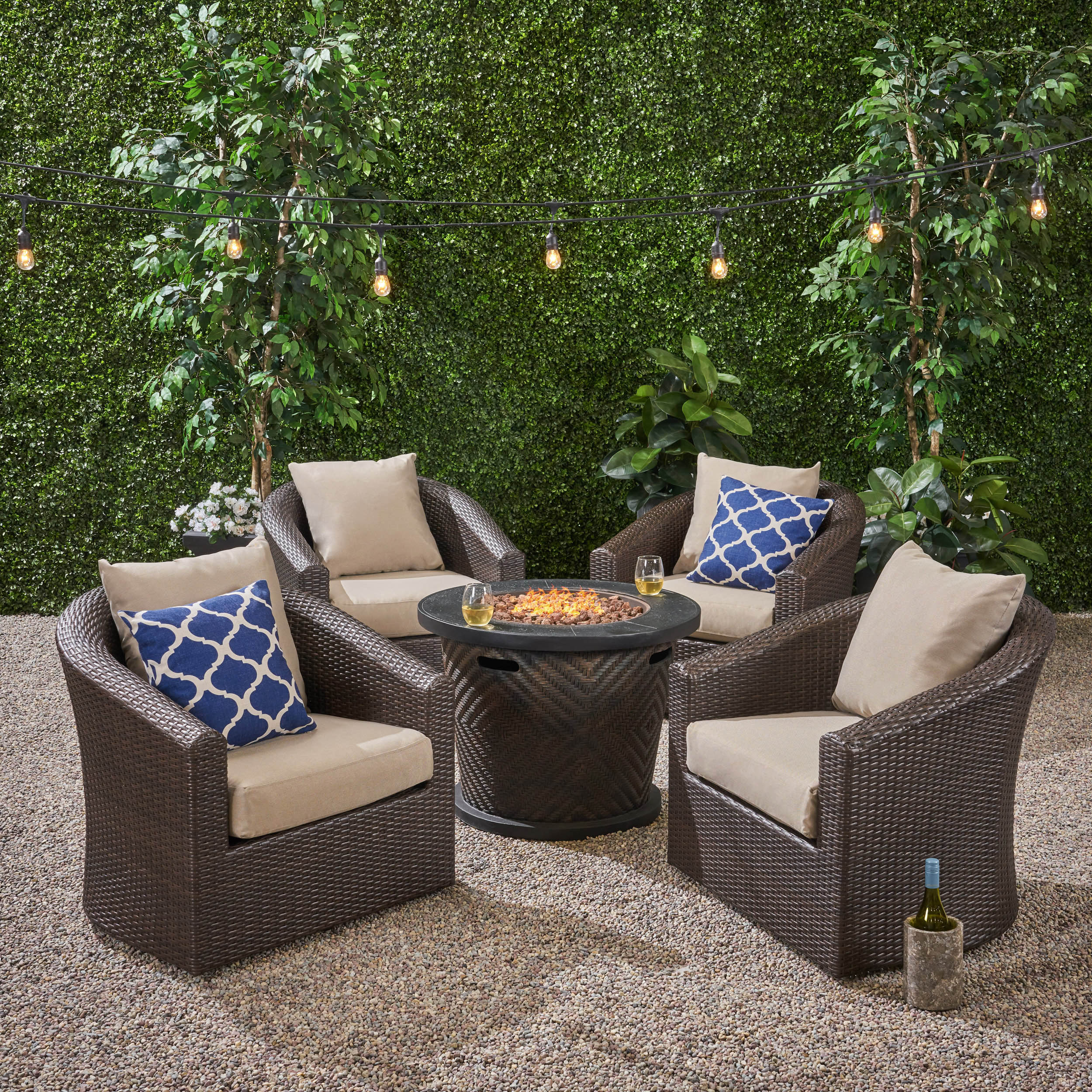 Liyam Outdoor 4 Piece Wicker Swivel Chair Set with Fire Pit, Multi Brown and Brown