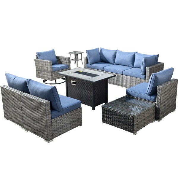 HOOOWOOO 10piece Patio Wicker Furniture Sectional Sofa Set Swivel Rocker with Fire Pit Table