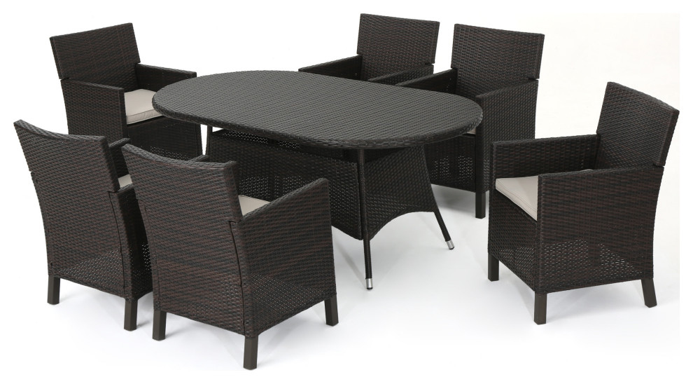 GDF Studio 7 Piece Cyril Outdoor Wicker Round Dining Set   Tropical   Outdoor Dining Sets   by GDFStudio  Houzz