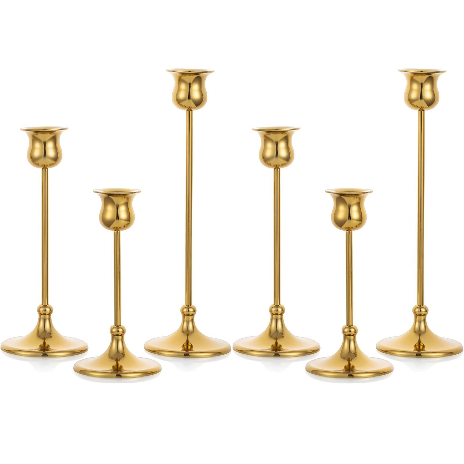 Nuptio Gold Candle Holder for Table Centerpiece Brass Tapered Candlestick Holders for Wedding Mother's Day Dinning Table Mantle Decor Set of 6