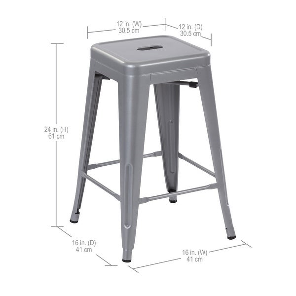 24inch Stackable Metal Bar Stool， Set of 4， Include 4 Stools， Silver Color， Backless Style