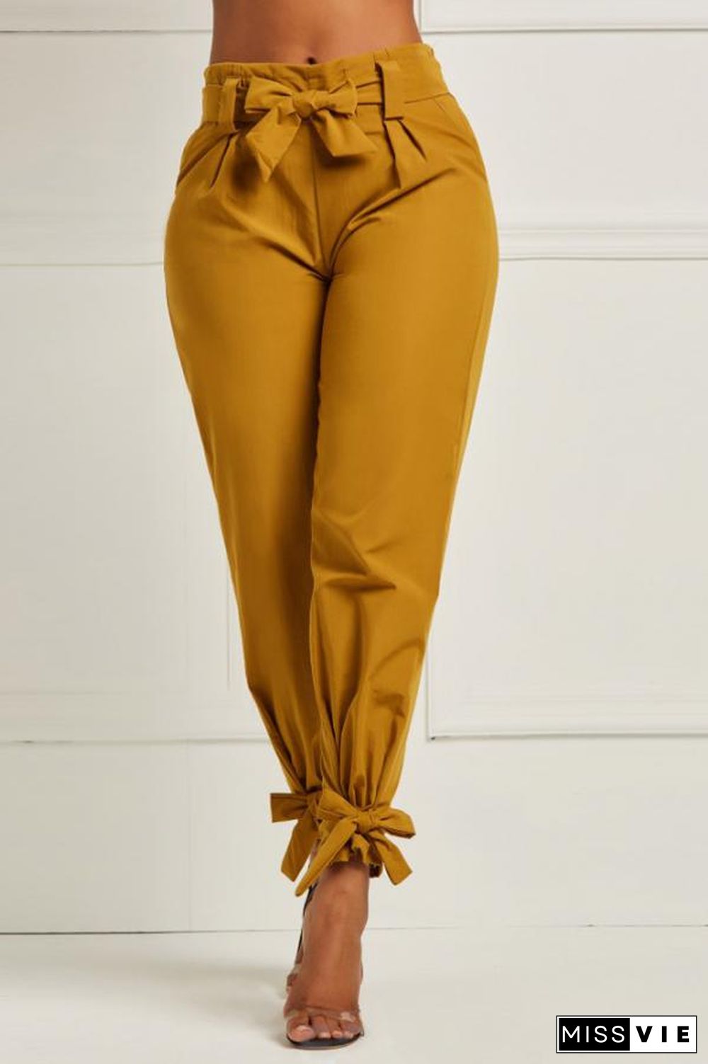 gingerish Elastic Fly High Solid Bow-knot Asymmetrical pencil Pants