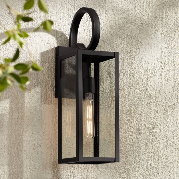 High Farmhouse Rustic Lantern Outdoor Wall Light Fixture Mount Porch House Edison Bulb Black Finish Metal Clear Glass Shade