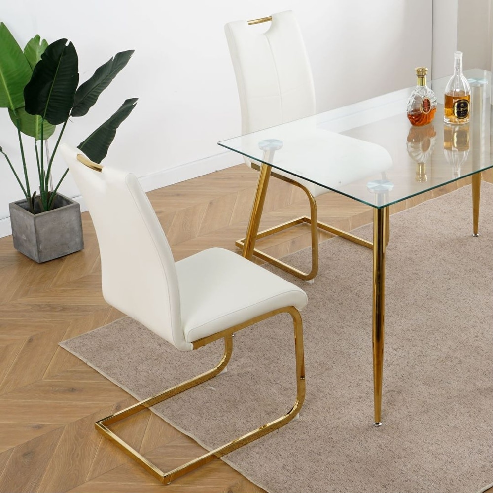 Modern Dining Chairs with Faux Leather Padded Seat and gold Metal Legs Set of 4