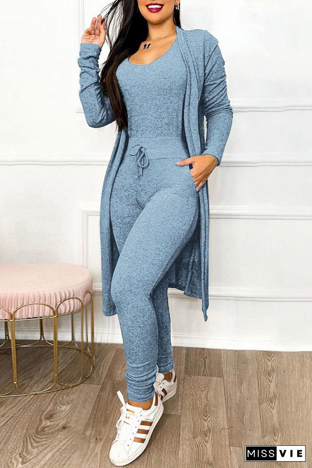 Solid Drawstring Waist Slant Pocket Jumpsuit & Coat Set