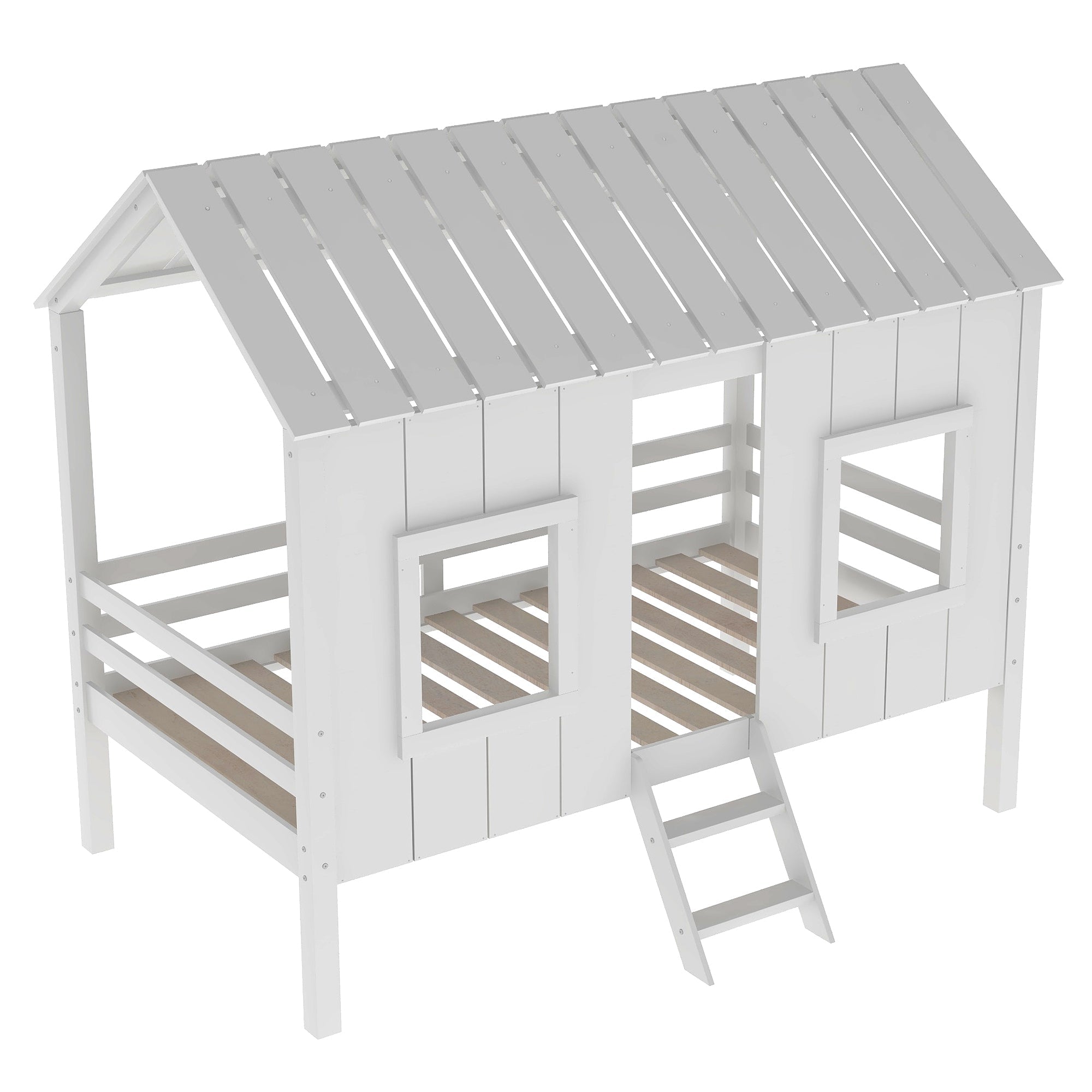 Euroco Twin Loft Bed House Bed with Roof for Child, White