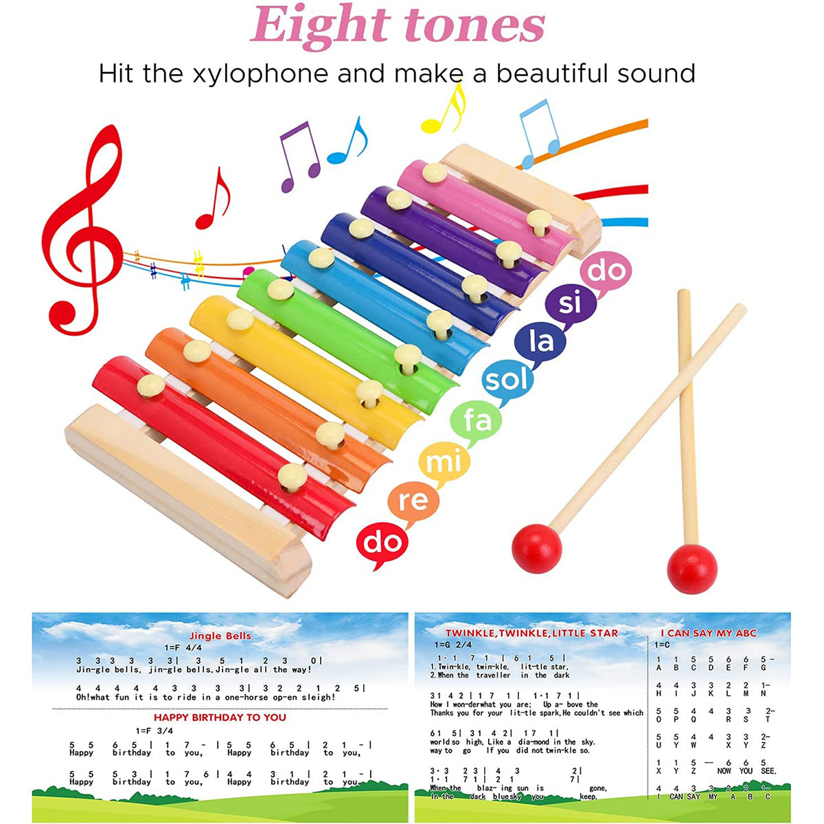 Wooden Xylophone Children's Musical Instruments Toy，Wooden 8 Keys Hand Knock with Mallets Preschool Educational Toys，Great Gift for Kids Girls and Boys Toddlers Ages 3+