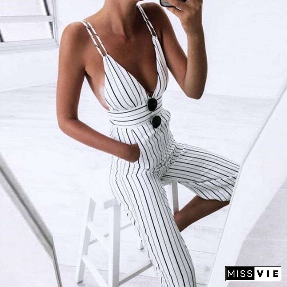 Strappy Spaghetti Strap Striped Plunge High Waisted Jumpsuit Low Back