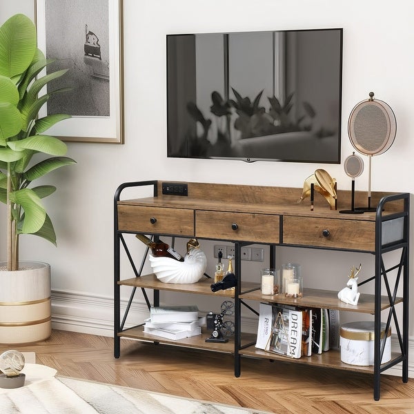 Console Table with Outlets and USB Ports， Narrow Entryway Table with 3-Drawer