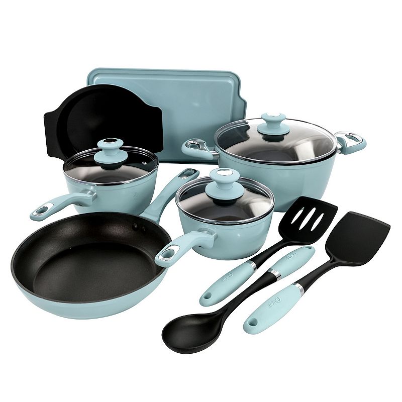 Oster Cocina Lynhurst 12 Piece Nonstick Aluminum Cookware Set in Blue with Kitchen Tools