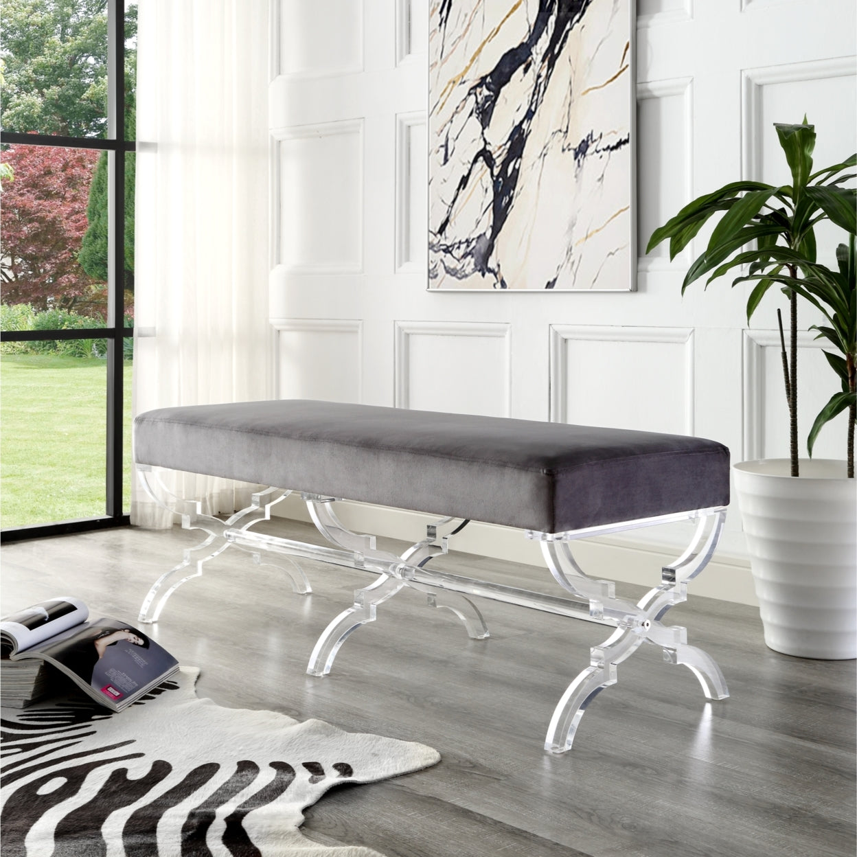 Laris Velvet Upholstered Bench-Modern Acrylic X-Leg-Living Room, Entryway, Bedroom-Inspired Home