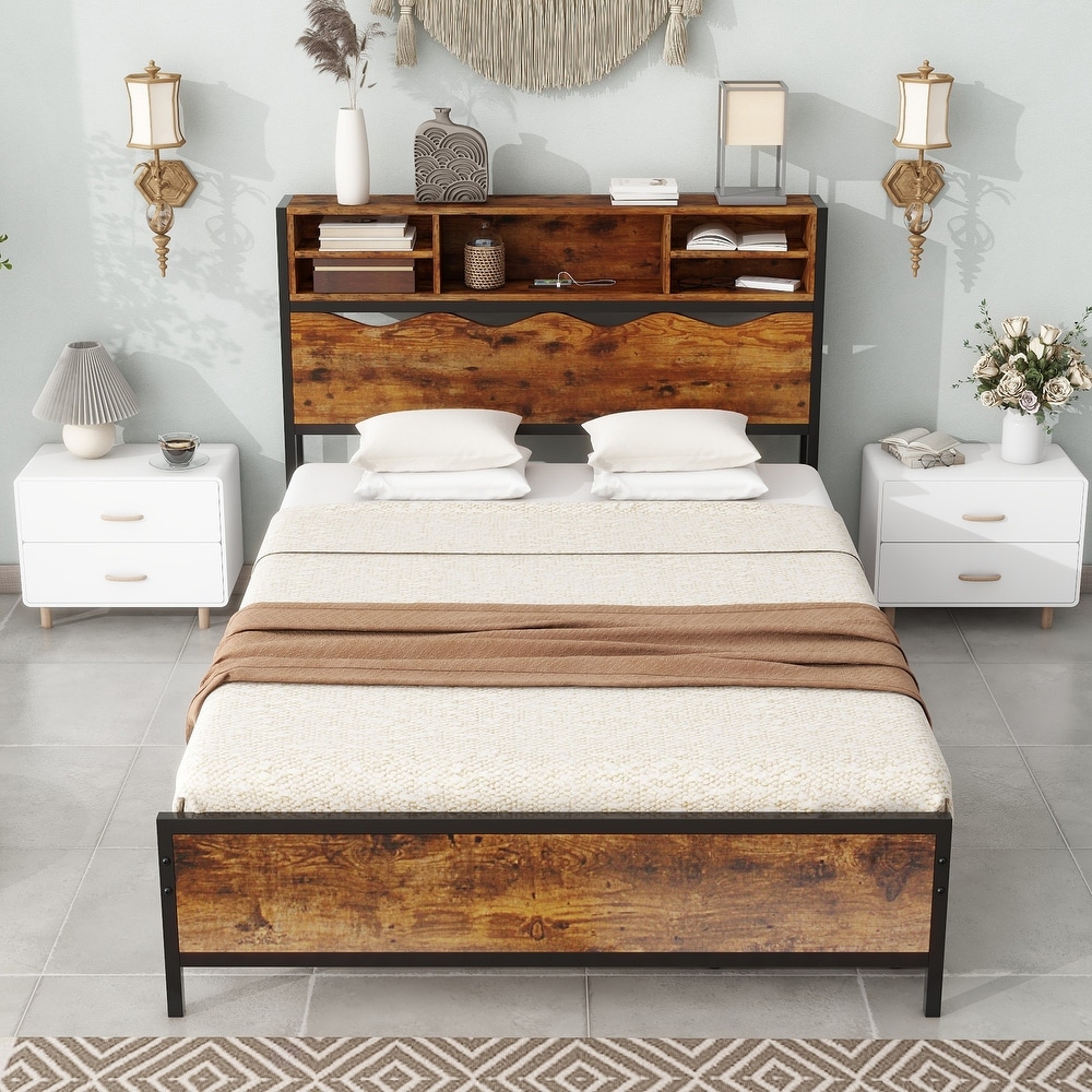 Rustic Bookcase Bed Frame with Charging Station + 2 Storage Drawers 