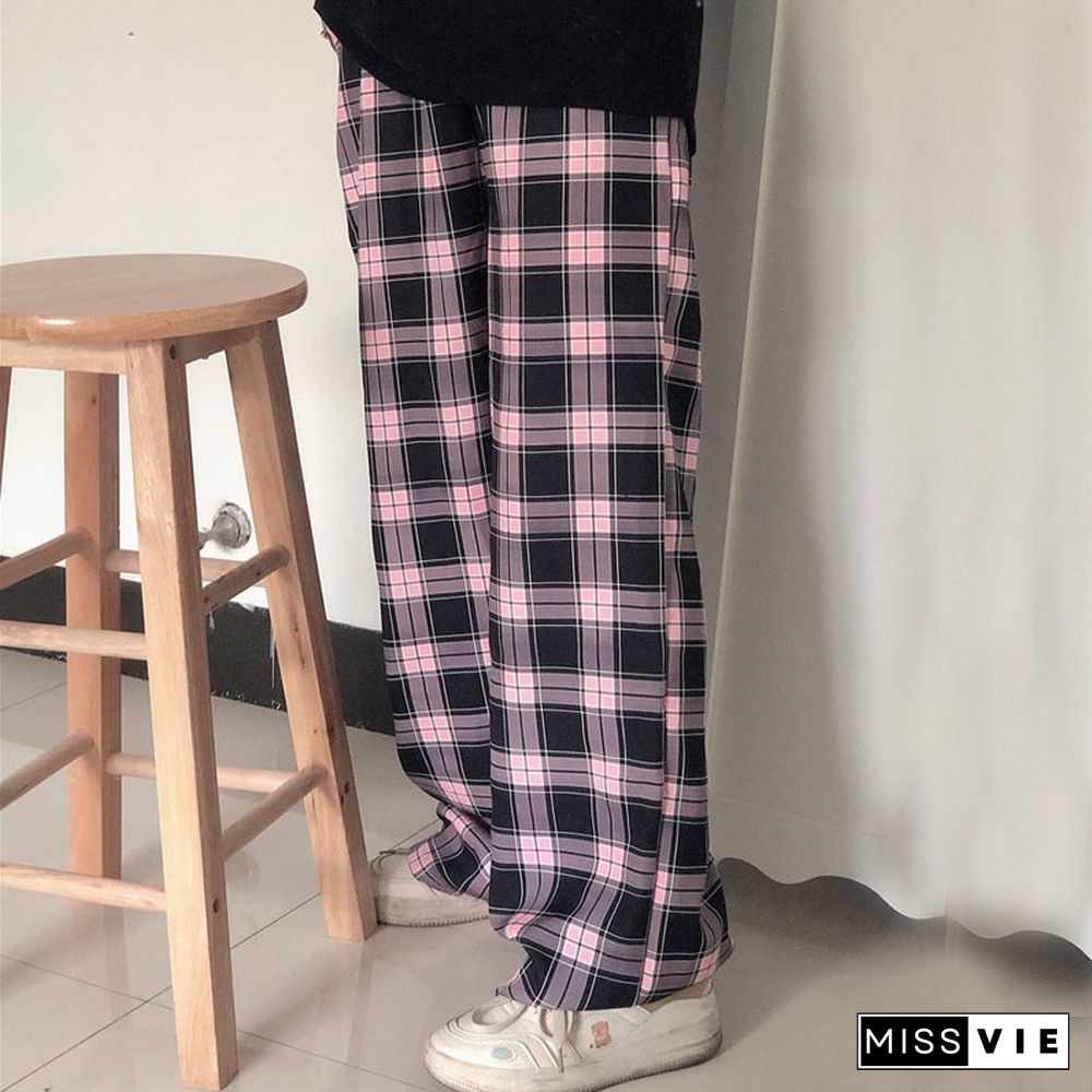 Black And Pink Plaid Pants Oversize Women Pants High Waist Loose Wide Leg Trousers Ins Retro Teens Straight Trousers Streetwear