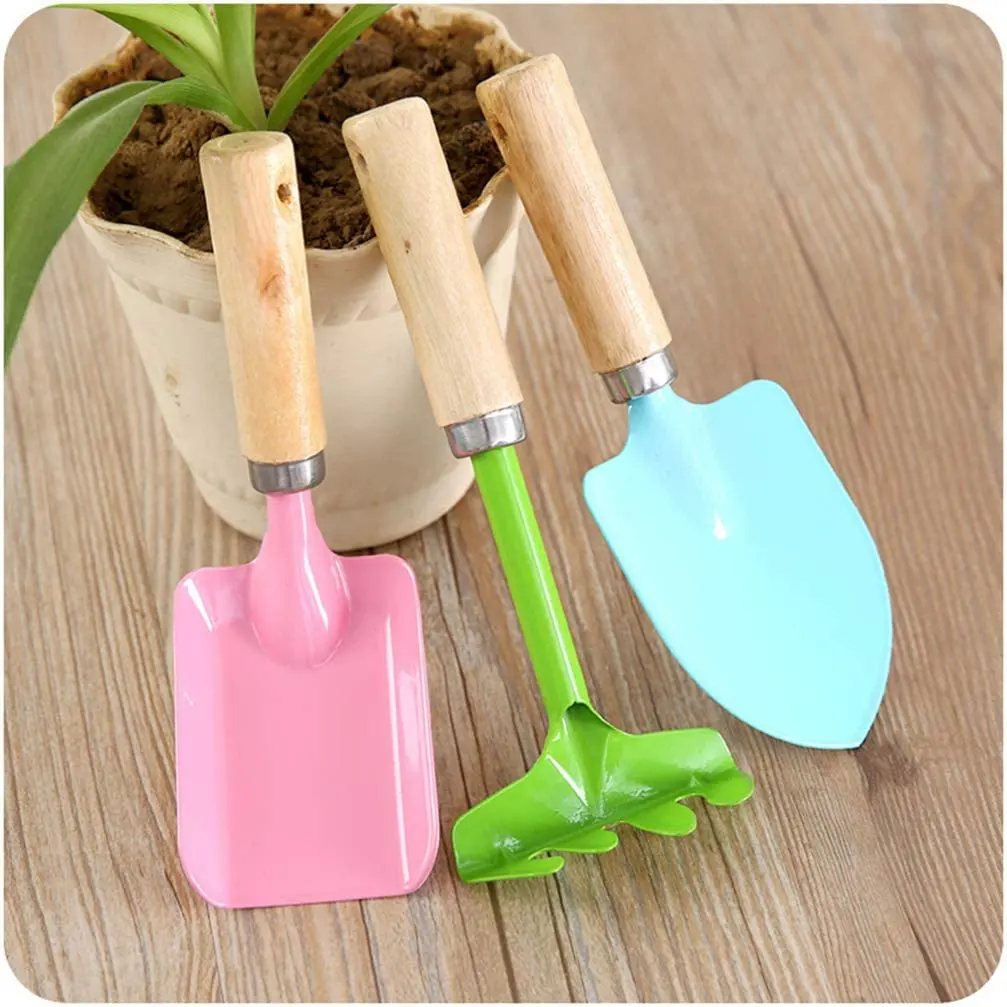 3 Piece Set Mini kids Garden Tool Spatula Rake Seedling Machine for Outdoor Potted Flowers Iron Wood