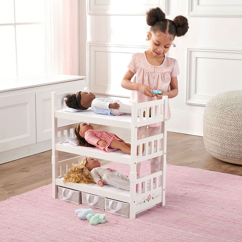 Badger Basket White Rose 1-2-3 Convertible Doll Bunk Bed with Storage Baskets