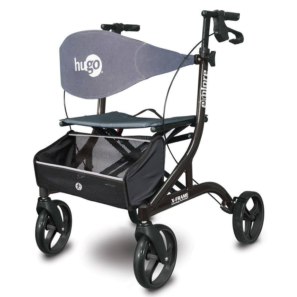 Hugo Mobility Explore 4-Wheel Side-Fold Rollator Rolling Walker with Seat Backrest and Folding Basket in Pearl Black 700-977