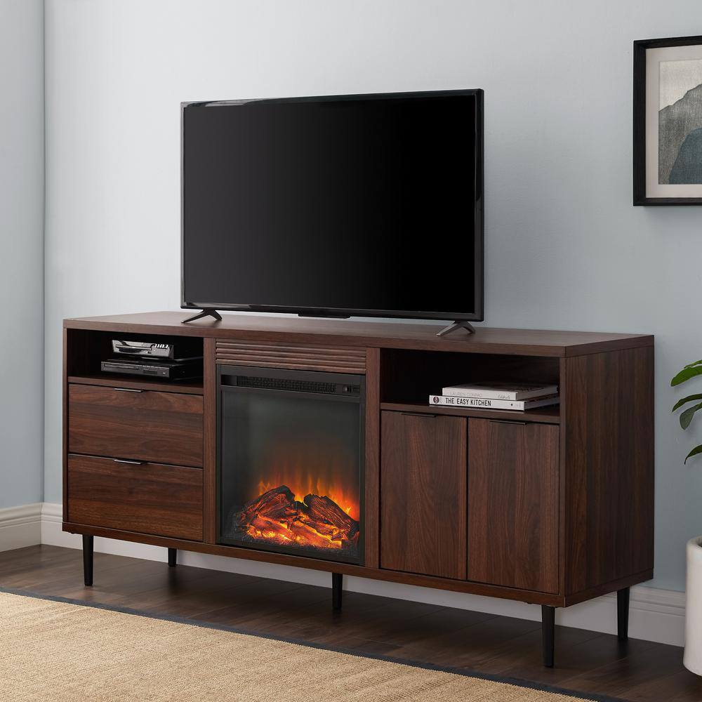 Welwick Designs 60 in. Dark Walnut Composite TV Stand with 2 Drawer Fits TVs Up to 66 in. with Electric Fireplace HD8345