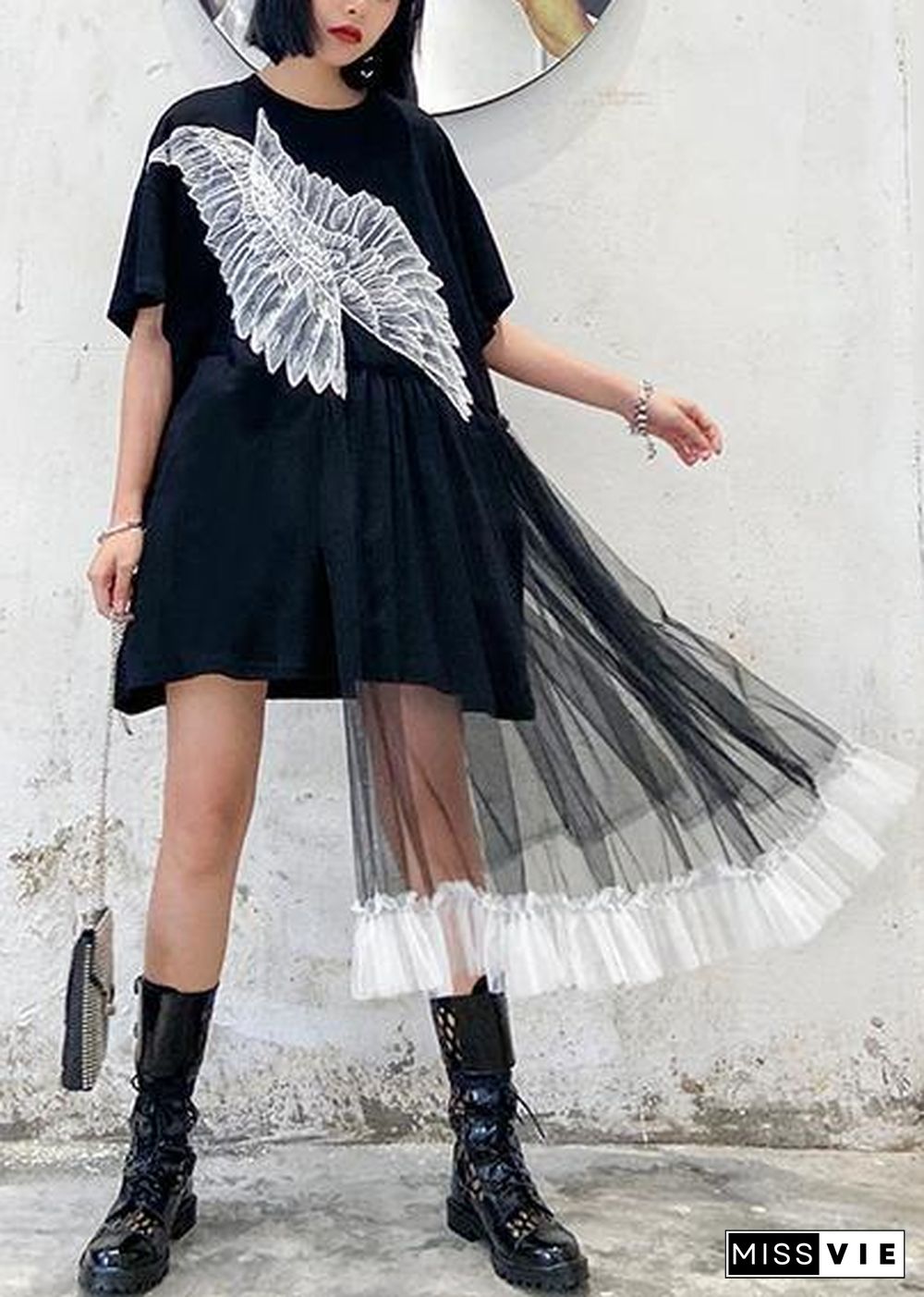 Style black dresses o neck patchwork tulle Midi Dresses