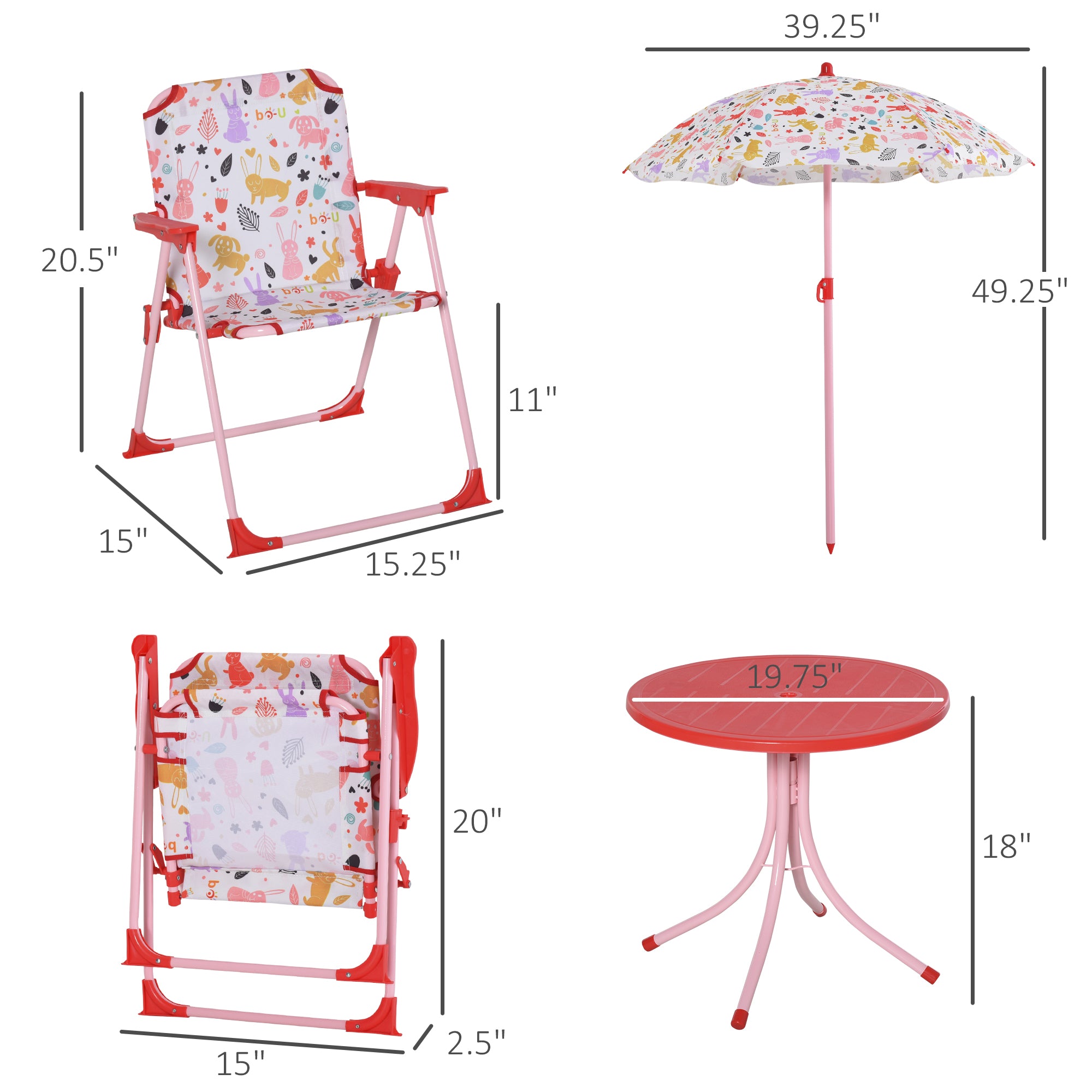 Outsunny Kids Folding Picnic Table and Chair Set with Removable and Height Adjustable Umbrella， Red