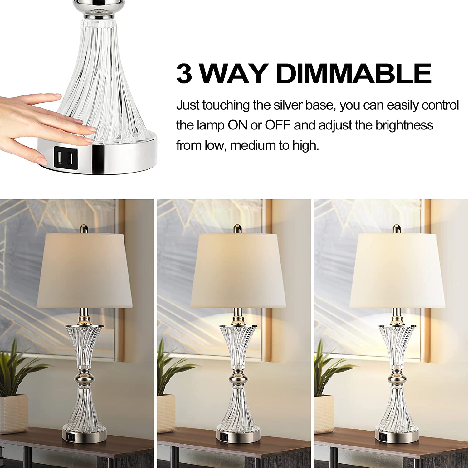 Touch Control Table Lamp for Bedrooms 3 Way Dimmable White Drum Shade Modern Bedsides Nightstand