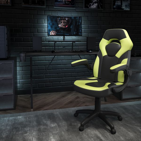 Optis Black Gaming Desk and Green/Black Racing Chair Set with Cup Holder， Headphone Hook， and Monitor/Smartphone Stand