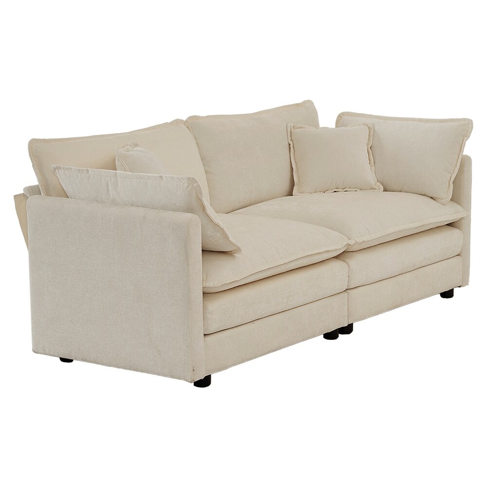 Chenille Recliner Loveseat 2 Seat Beige Accent Couch with 4 Pillows