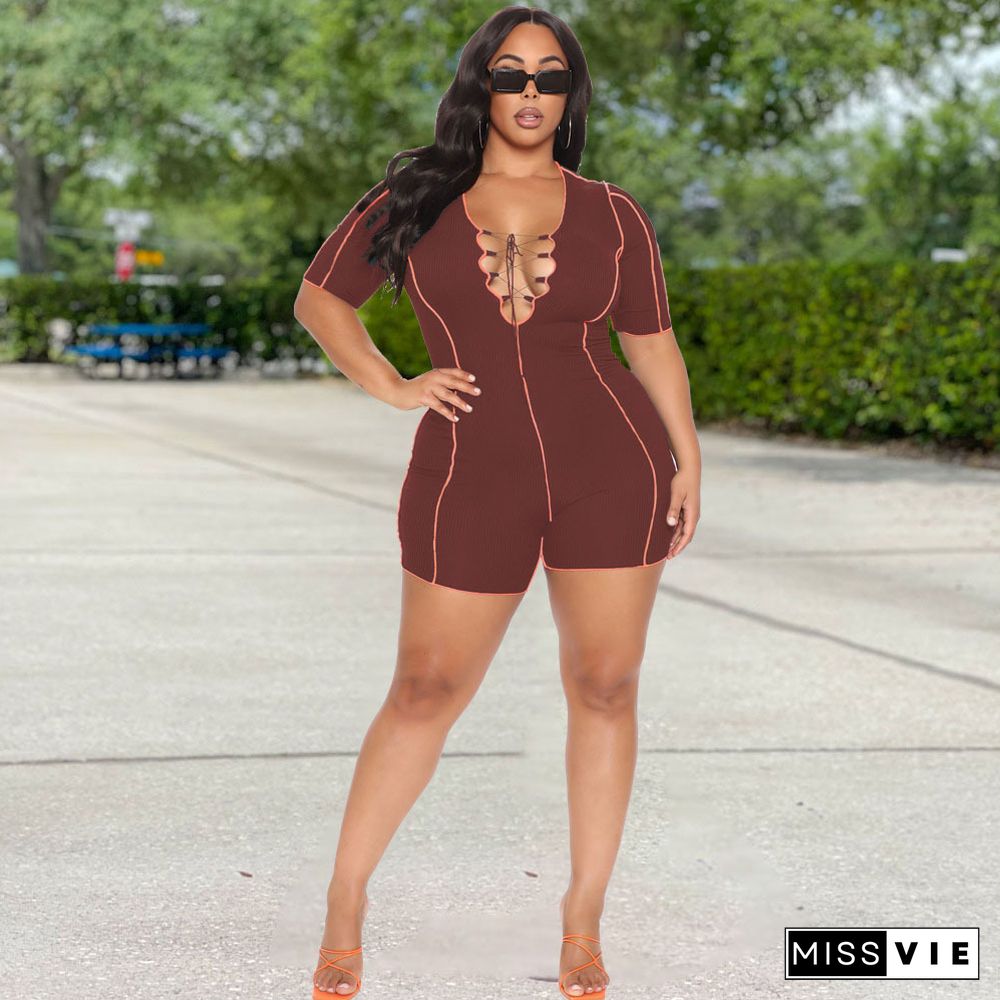 Summer Women Deep V-Neck Bandage Sexy Short Sleeve Plus Size Bodycon One Piece Romper