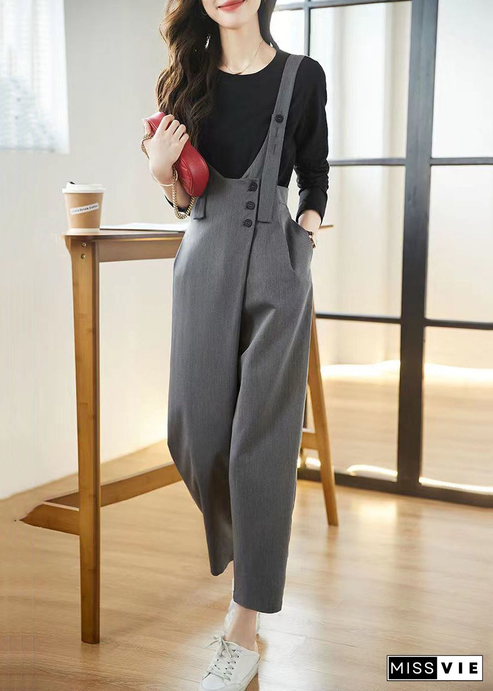 Chic Grey Pockets High Waist Patchwork Cotton Jumpsuits Fall