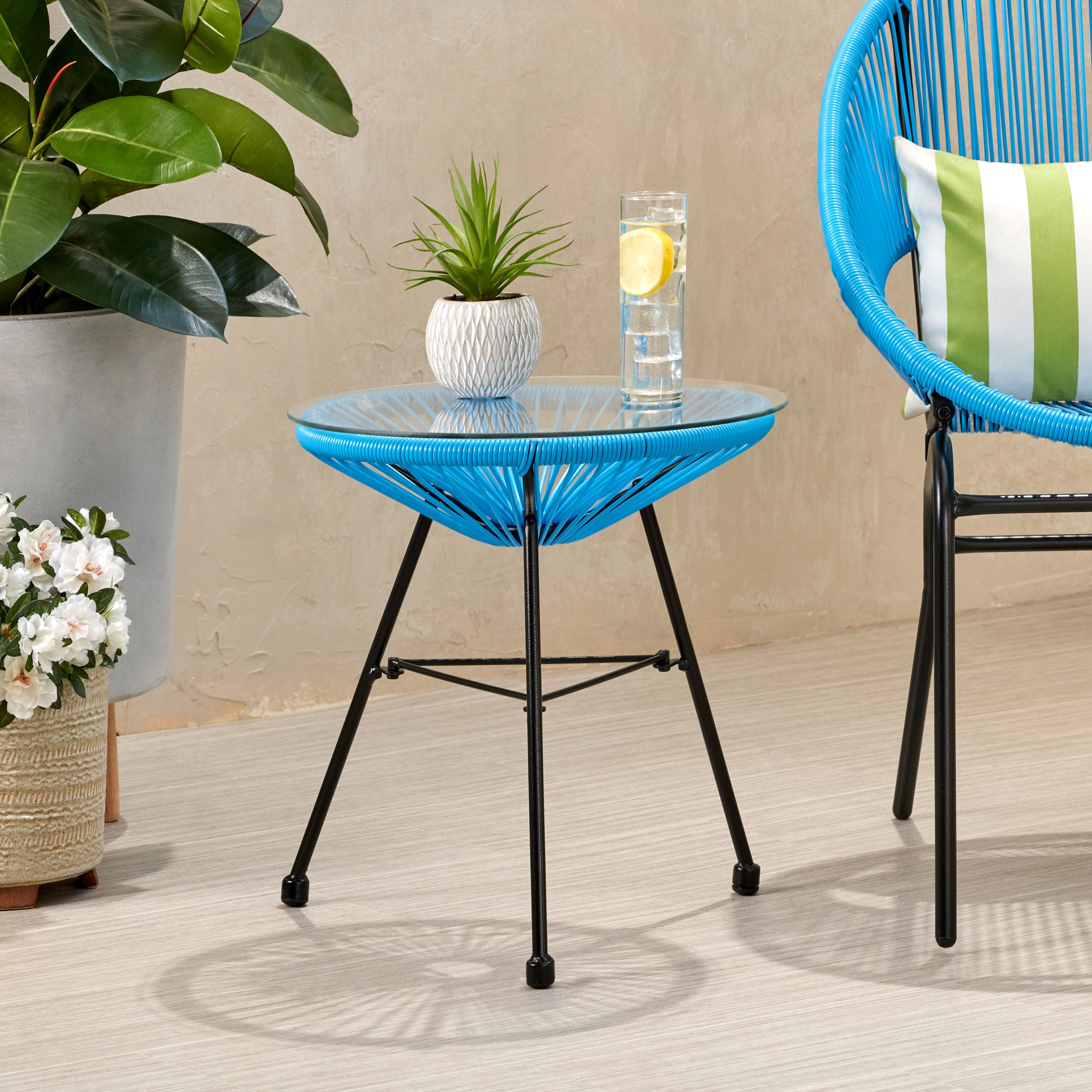 Chrissy Outdoor Modern Faux Rattan Side Table with Tempered Glass Top