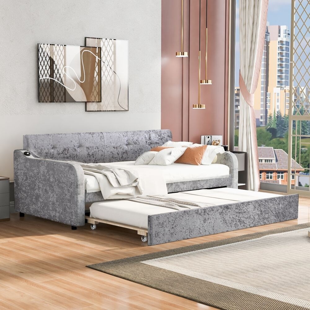 Twin Size Snowflake Velvet Daybed with Trundle and USB Charging Design