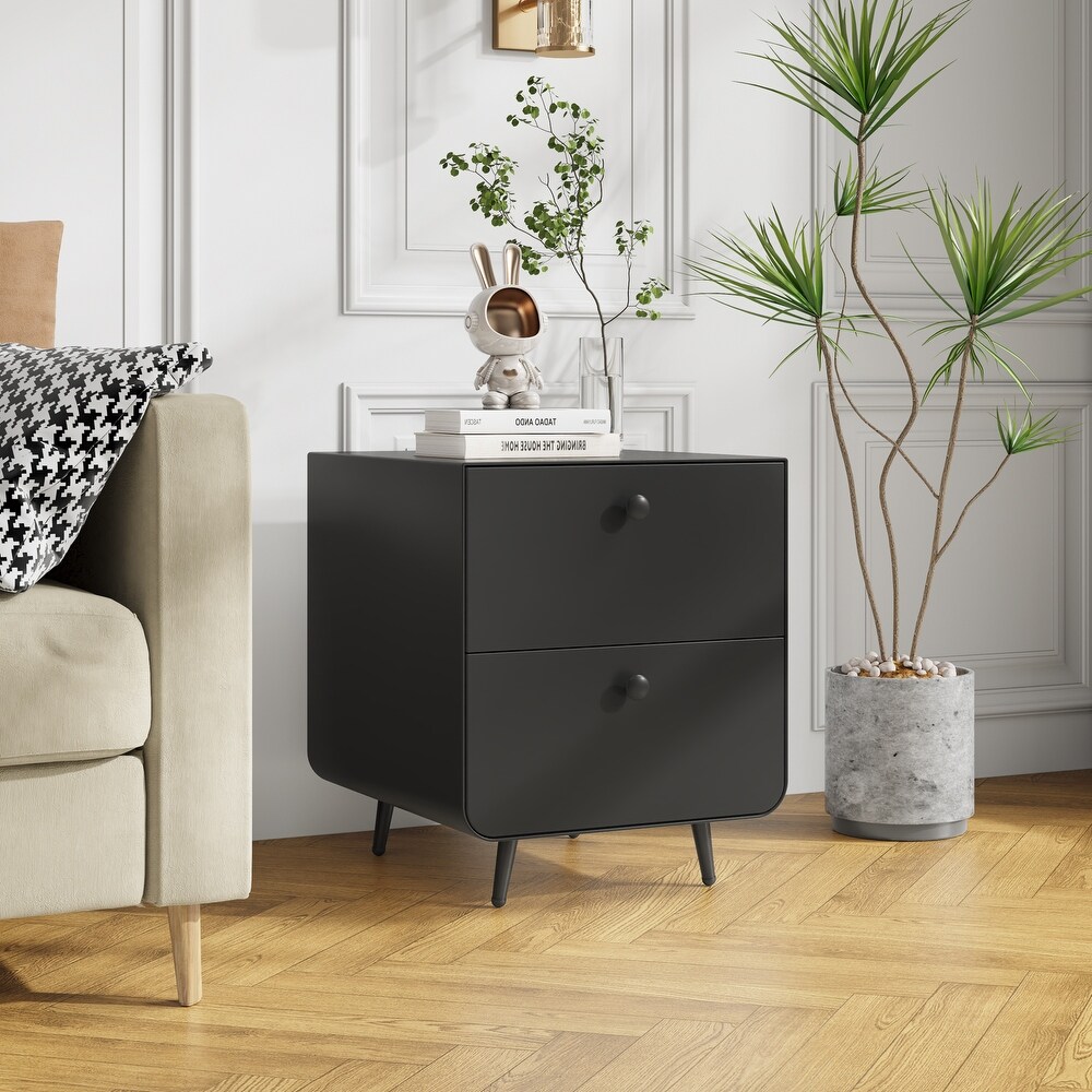 Modern Sofa Table Night Stand for Living Room Bedroom  Steel Storage Cabinet with 2 Drawers and Circular Handle