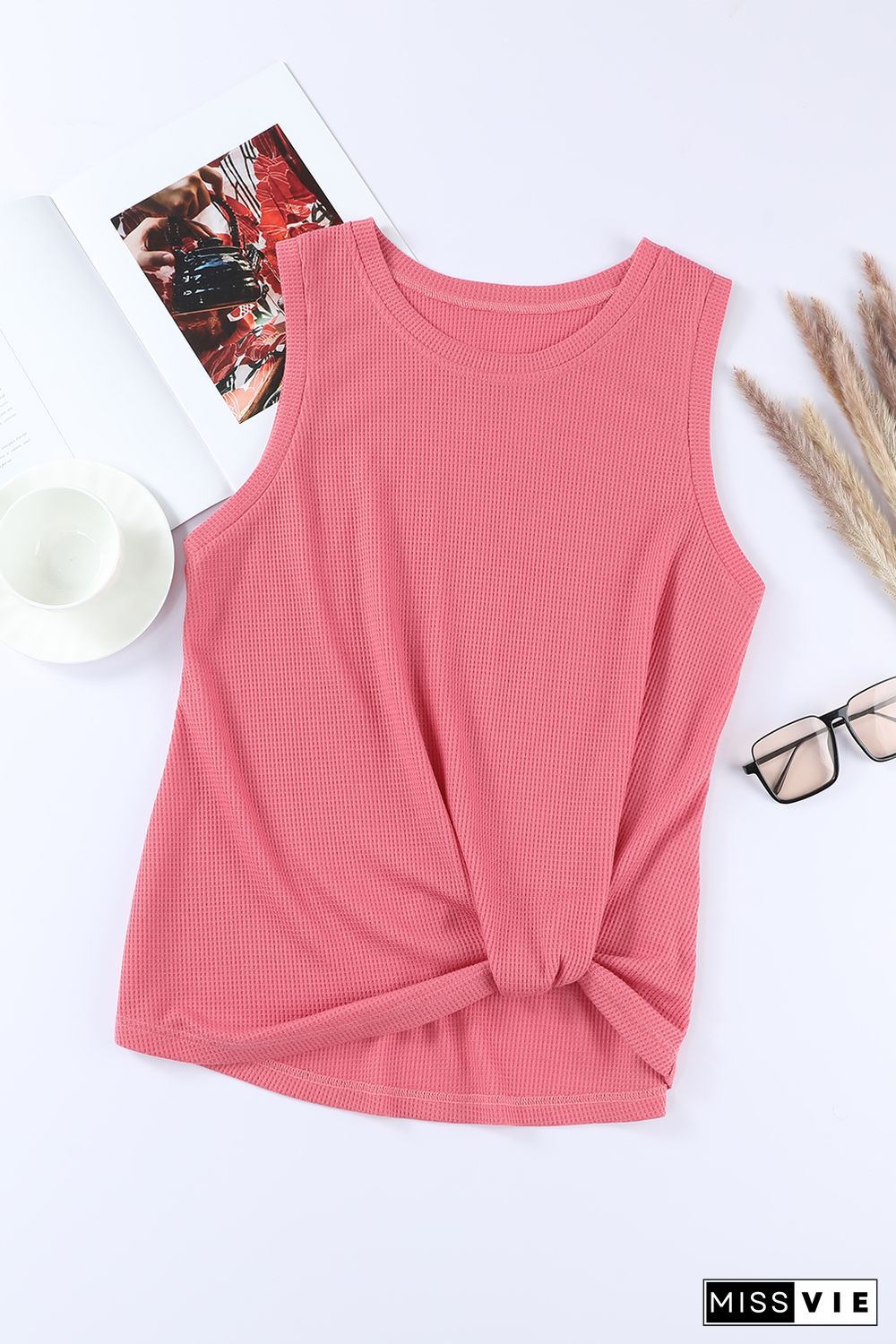 Red Twist Knot Waffle Knit Tank Top