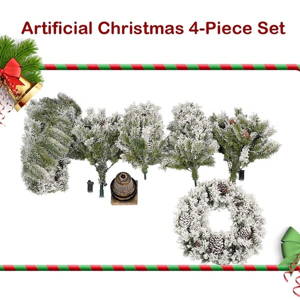 4Piece Flocked Christmas Wreaths and Garland Set，Artificial Xmas Tree Set w/ Pinecones and Berries