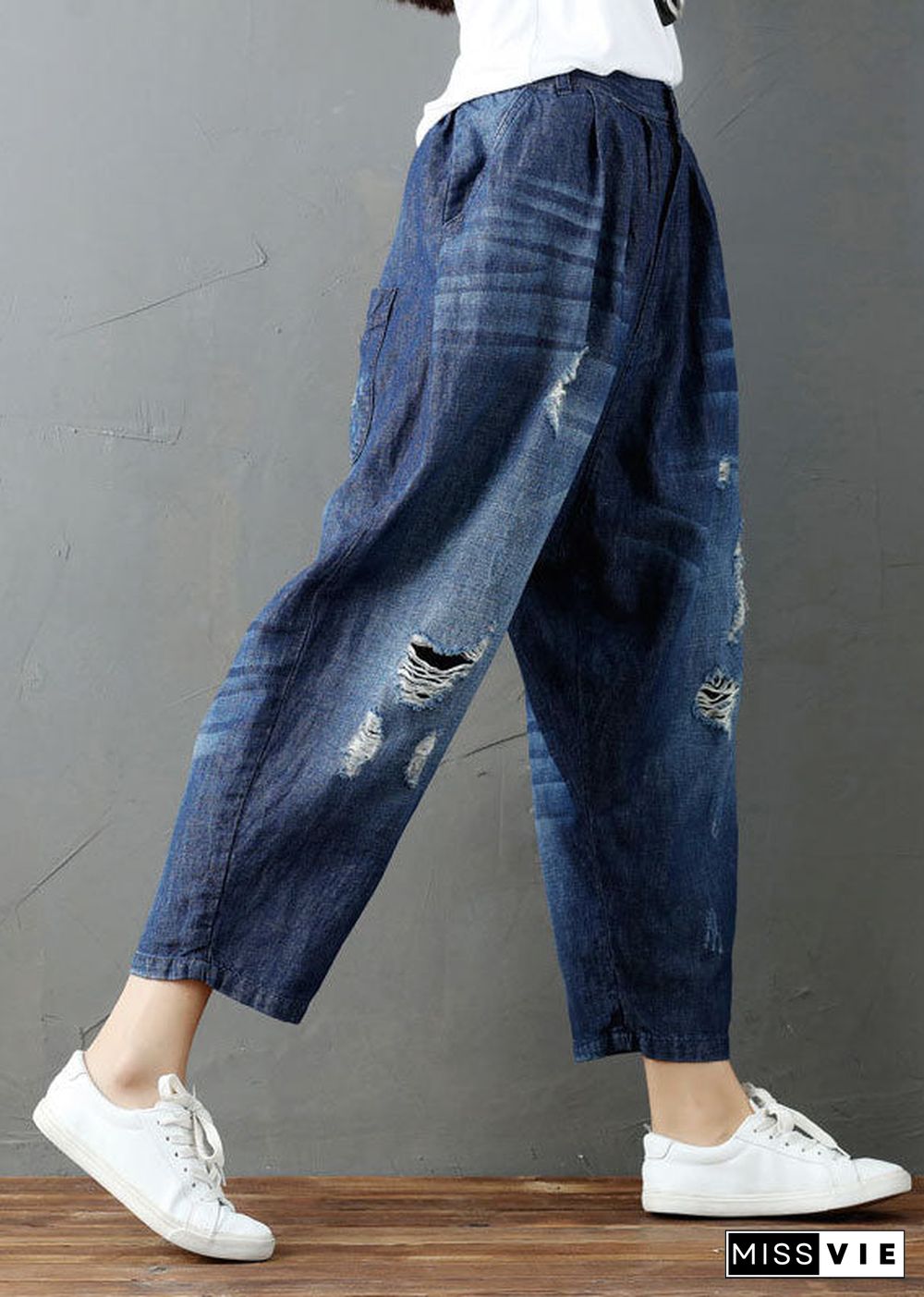 Fashion Blue Pockets Elastic Waist Denim Harem Pants Summer