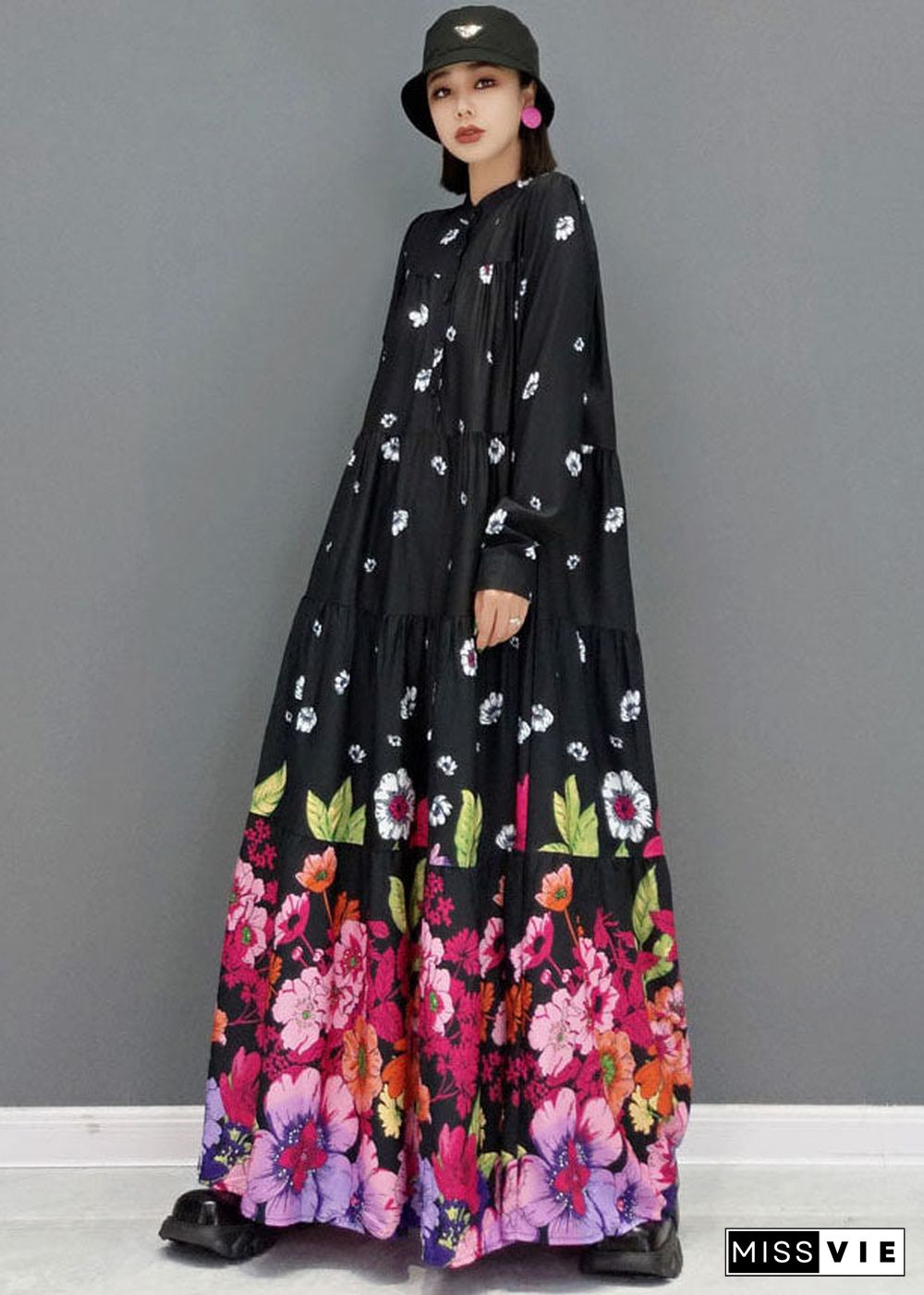 Women Black Stand Collar Floral Print Cotton Long Dress Long Sleeve