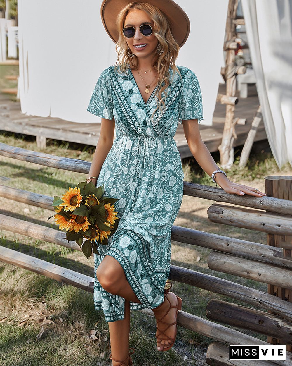 Elegant Casual Vacation Beach Dress Women Summer Dresses NEW V-neck Short Sleeve High Waist Midi A-line Floral Print Dress