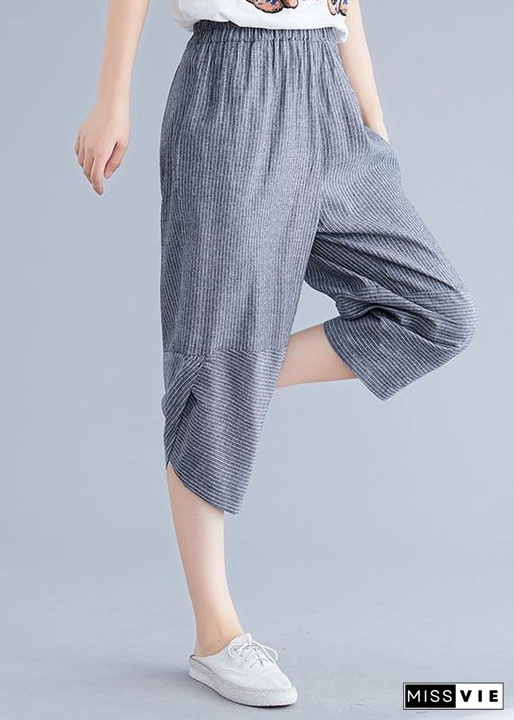 Boutique Navy Striped Patchwork Summer Cotton Linen Pants