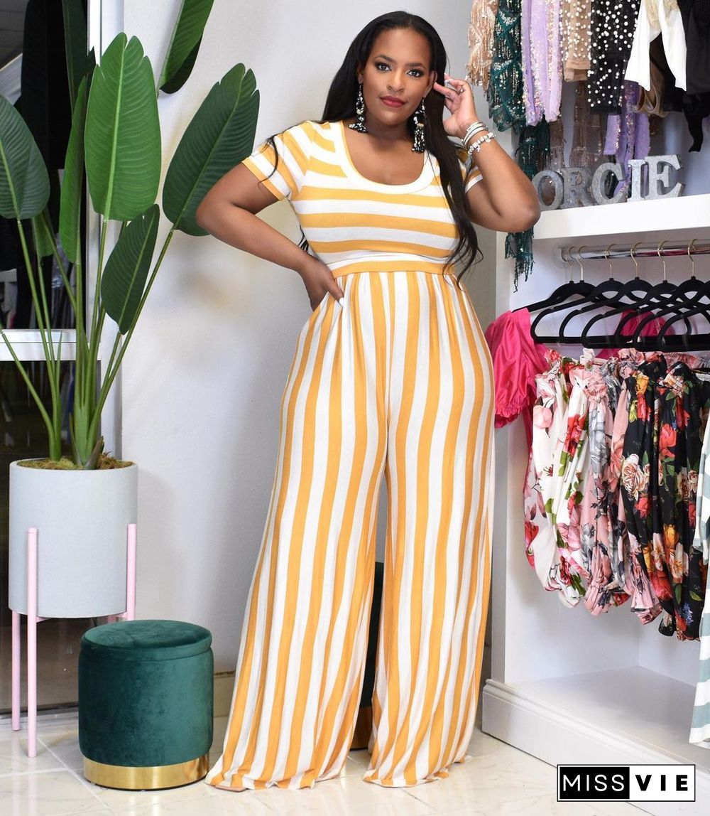 Women Striped Print Short Sleeve O-Neck Crop Top Loose Wide Leg Pants Casual Two Piece Set