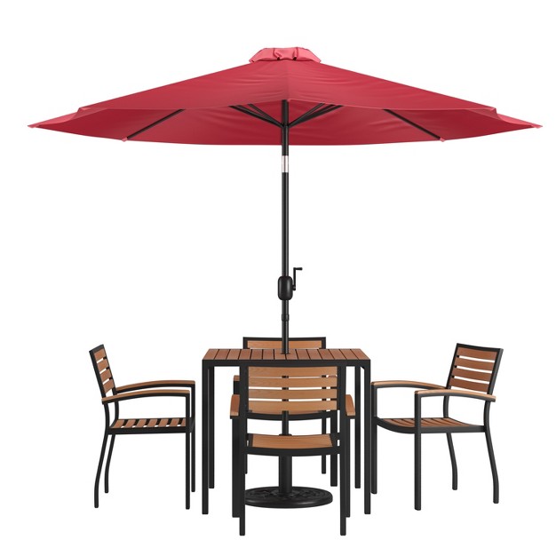 Merrick Lane Seven Piece Faux Teak Patio Dining Set Includes Table Four Club Chairs 9 x27 Patio Umbrella And Base