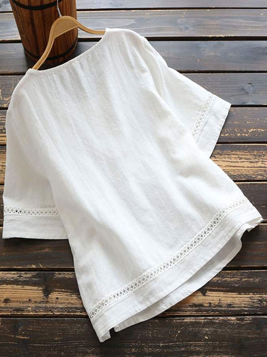 Round Neck Casual Loose Cutout Stitching Short-sleeved Blouse