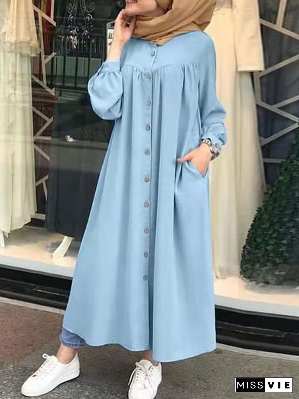 Women'S Dresses Solid Pocket Button Long Sleeve Shirt Dress